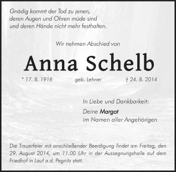 Traueranzeige von Anna Schelb von Pegnitz-Zeitung